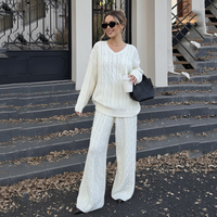 Ensemble Femme Tricot Uni Confortable Souple Col V Torsade Pull Soufflant Pantalon Droit