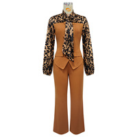 Ensemble deux pièces pour femmes, imprimé léopard, patchwork, haut à manches longues avec nœud papillon et pantalon large, costume assorti pour femmes d'affaires