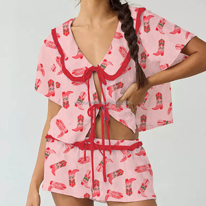 Mùa hè Aztec in xù BOW TIE phía trước ngắn tay áo sơ mi quần short hai mảnh Pajama đặt phụ nữ - Product Image 4