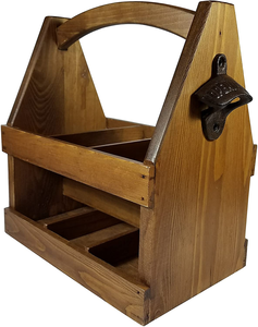 Custom Antique Wooden Beer Caddy Holder Crate Handcrafted Rustic Wood Beer Bottle Carrier with Opener