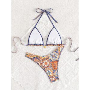 Women's Boho High Cut Bikini Set Halter Triangle Padded 2 Piece Retro Swimsuit Printed Spandex Polyester - Product Image 2