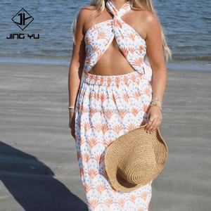 Summer Backless Halter Beach <b>Dress</b> <b>Women</b> Factory Wholesale Maxi Cotton <b>Dress</b> Custom <b>Ruffle</b> Bohemian Boho <b>Dress</b> - Product Image 1