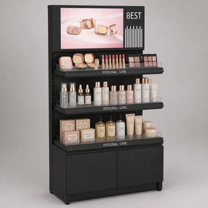 Expositor de Cosméticos Resistente con 3 Estantes, Caja de Luz, Cabecera Publicitaria, Acrílico, Base de Gabinete de 2 Puertas, Metal Negro Mate para <span class=keywords><strong>Tiendas</strong></span> Minoristas - Product Image 2