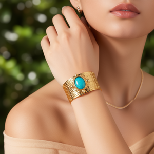 Fashion <b>Ring</b> 316L Stainless Steel PVD Gold Plating Turquoise Stone Oval Design <b>Adjustable</b> Band - Product Image 3