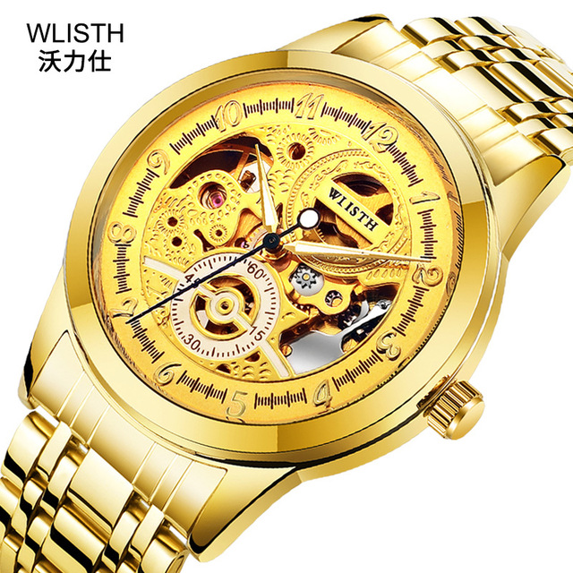 Wlisth 1012 Fashion Simple Exquisite Automatic Movement Mechanical Golden Stainless Steel Strap Business Men's Hollow Out Watch