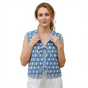 Chaleco acolchado hecho a mano 100% algodón puro, reversible, con estampado floral, sin mangas, con lazo frontal, ligero. - Product Image 1