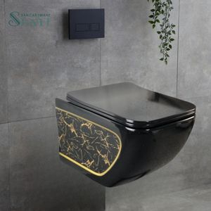 SDAYI baño de lujo sanitario negro con patrón de color dorado doble descarga una pieza porcelana WC colgado en la pared <span class=keywords><strong>Cister</strong></span> inodoro sin montura - Product Image 2