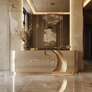 Luxury Curved Gloss <b>Console</b> Cabinet Unique Wavy <b>Gold</b> Metal Spacious Storage Space Minimal Modern Residential Entrance - Product Image 4