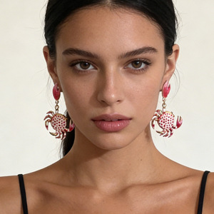 Bijoux de plage roses, accessoires d'été, boucles d'oreilles créatives en acier inoxydable avec pendentif crabe imprimé dessin animé, thème océan - Product Image 5