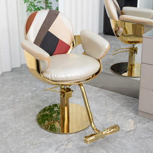 Adjustable Hydraulic <b>Reclining</b> Salon Barber <b>Chair</b> - Patchwork <b>Leather</b> Upholstery Gold Base Luxury Hairdressing Shop Furniture - Product Image 1