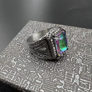 Yunnique Men's Geometric Cube Ring with Colorful Synthetic Gemstone Pave Setting Retro Steel Color Jewelry Gift - Product Image 4