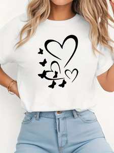 T-shirt da donna taglie forti con stampa di cuori e farfalle, manica corta, girocollo, vestibilità ampia, casual, primavera estate, lavabile in lavatrice - Product Image 1