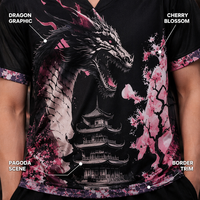 T-shirt en jersey à manches courtes et col en V personnalisé, imprimé graphique Dragon Noir et Fleur de Cerisier, 240 GSM, pour homme, style streetwear urbain