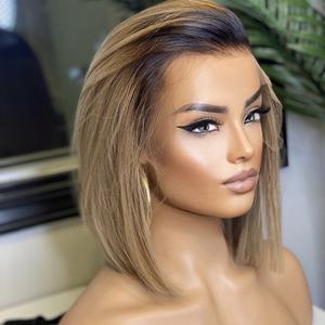 Perruques Courtes Bob Pixie en Cheveux Humains Couleur Marron pour Femmes, Densité 180, Ombré Blond, Cheveux Brésiliens Remy, Perruques Bob Lace Front - Product Image 3