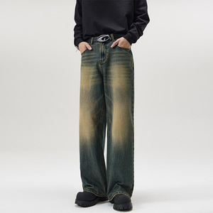 Jean droit ample en denim de coton délavé style streetwear pour homme <span class=keywords><strong>Keren</strong></span>, taille mi-haute, longueur au sol, avec poches décoratives, collection automne - Product Image 2