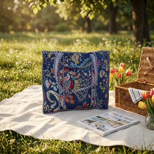 Handmade Cotton Winter Block Print Quilted Canvas Lining Fashion <b>Tote</b> <b>Bag</b> Open Zipper Large Reusable Shopping <b>Pockets</b> Wholesale - Product Image 3