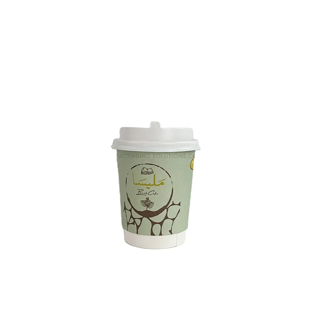 Custom 8oz Tree Bud Root Impresso Pistachio Green Double Wall Paper Cup com Tampa para Latte Tea Chai Flat White Cortado Cacau Quente