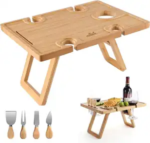 木制野餐桌户外折叠桌二合一便携式酒杯支架