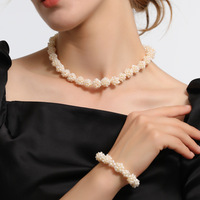 Set Perhiasan Mutiara Air Tawar Alami Bentuk Bunga, Kalung Tungsten Rantai Klavikula, Gelang Popcorn, Anting, dan Rantai Tangan Anyaman