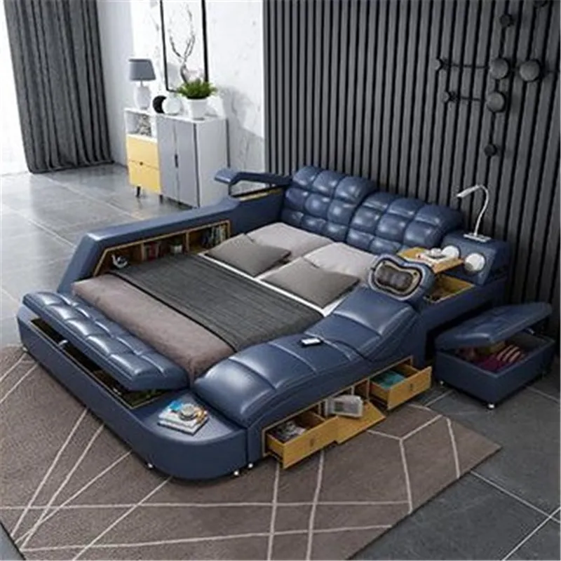 High End Bed Room Furniture King Size Montage Tatami Beddengoed Set Met Storage Ruimte Massage Echt Lederen Bedden