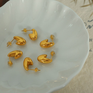 Gold Plated Stud <b>Earrings</b> Geometric Bean Shape 18K Color Preserving Women's Fashion Jewelry Autumn Winter Simple Elegant - Product Image 3