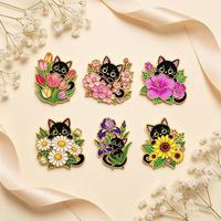 Pin Logam Grosir Motif Kartun, Bros Kucing Hitam Lucu Bermotif Bunga, Pin Kucing Kreatif Cetak UV, Aksesoris Pakaian Fashion