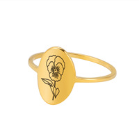 Bague Ovale Femme en Acier Inoxydable Plaqué Or 18K Véritable, Style Vintage Minimaliste, avec Pierre Précieuse du Mois de Naissance et Motif Floral, Artisanat Exquis