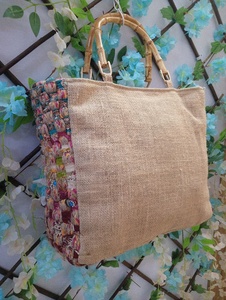 Handmade Women's Jute Bohemian Tote Bag with Natural Bamboo Handle Eco Friendly Reusable Casual Shoulder Handbag Spacious - Product Image 4