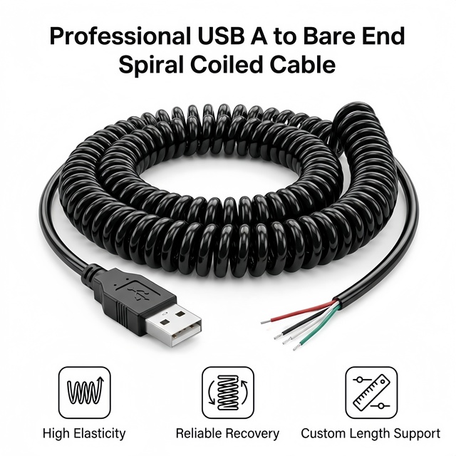 Custom USB Spring Cable | Coiled 4-Core AWG22 PU Insulated Extra Thick OD 5.0mm for Piano Professional Audio Guitar Camera