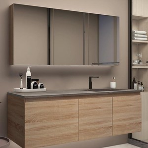 Meuble de salle de bain intelligent couleur bois, armoire de rangement minimaliste avec miroir, lavabo intégré en ardoise - Product Image 2