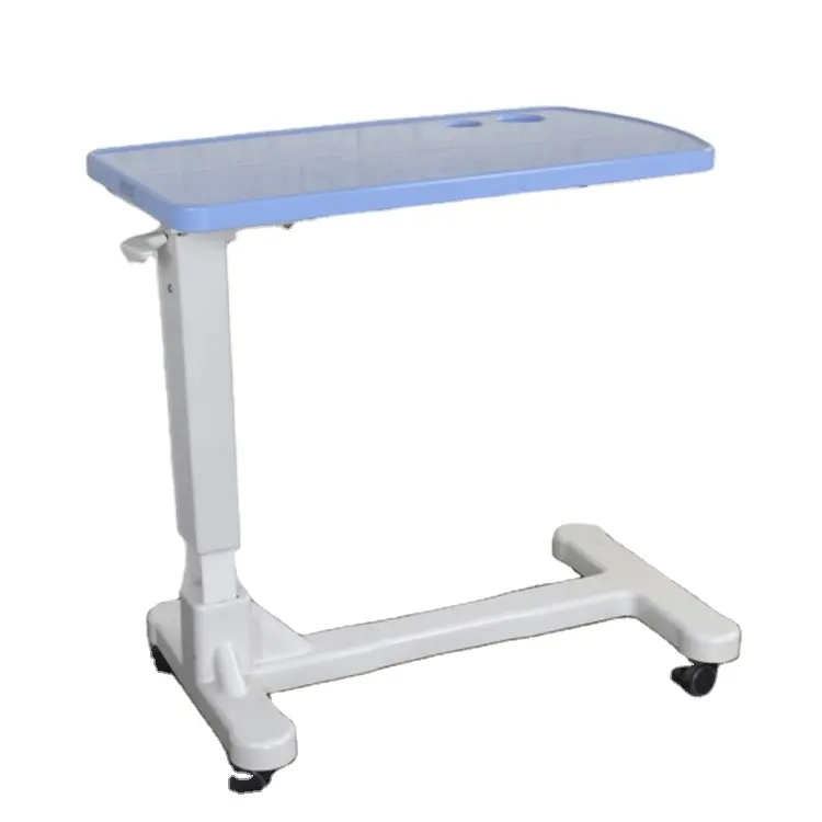 Hospital furniture adjustable hydraulic lifting overbed table with wheels