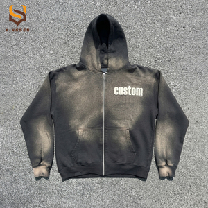 Winter Streetwear Custom <b>Vintage</b> Acid Washing Distressed Embroidery Patches <b>French</b> Terry Zipper Hoodie Sweatpants Men Tracksuits - Product Image 3