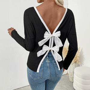 2026 Neue Damen Pure Desire Y2K Weiche Dünne Lässige Schlanke Gerippte Strickbluse mit Rückenausschnitt und Schleifendesign Sexy Langarm-Oberteil - Product Image 1