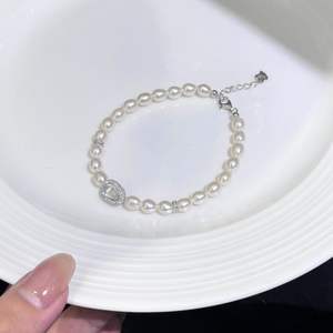 Pulsera de Perlas de Agua Dulce de Alta Calidad, Forma de Arroz, Sin Semillas, de 5-6 mm, con Cierre de Plata S925, Jade, Calabaza, Luz Intensa, Casi Impecable - Product Image 2