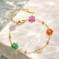 Ensemble de bijoux de fête bohème tendance : Bracelet de cheville, Collier ras-du-cou et Bracelet en acier inoxydable plaqué or 18 carats avec fleurs en cristal colorées et perles