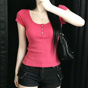 Women Solid Color Button Front Knit T Shirt Crew Neck Short Sleeve Casual Fitted Summer <b>Top</b> - Product Image 1