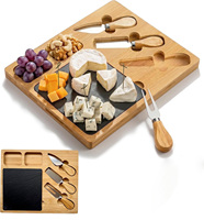 Plateau de service en bambou pour charcuterie avec couteaux à fromage et plateau en ardoise, plateau de service en bois pour fromages, apéritifs, collations, fruits et fêtes