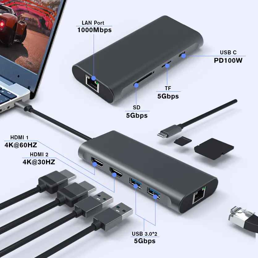 High Speed Data Transfer 8 Ports Adapter Type C to 4K 8K Hdmi and Lan Port 1000Mbps Laptop Aluminum Usb Hubs