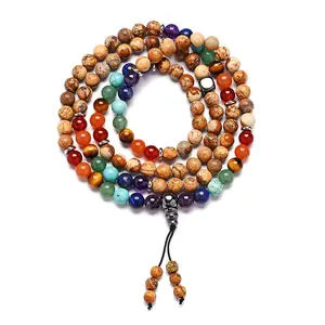 Bestone 7 Chakra Mala Prayer Rosary Beads 108 Meditation Healing Stones Long Multilayer Bracelet Necklace