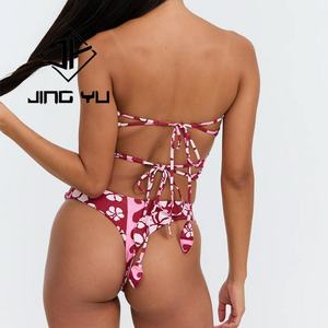 OEM Swimwear Women One-Piece Swim Luxury Hollow Print Swimwear Custom Recycled Polyester Bandeau One-Piece <b>Swimsuit</b> - Product Image 4