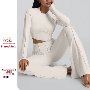 Set Autunnale di Alta Gamma a Due Pezzi: Maglietta a Maniche Lunghe e Pantaloni a Zampa per Yoga, Corsa e Fitness da Donna - Product Image 1
