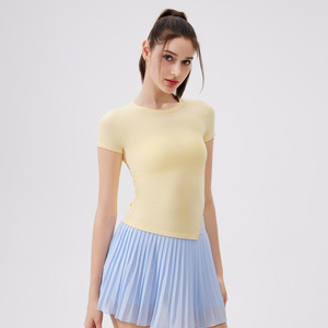 Women Ruched Side <b>Asymmetrical</b> <b>Hem</b> Yoga Crop <b>Top</b> Short Sleeve Slim Fit Soft Workout T-Shirt Tennis Pilates Athletic Shirt - Product Image 1