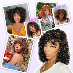 Perruques bouclées avec <span class=keywords><strong>frange</strong></span> en cheveux naturels pour femmes noires, perruque bob courte bouclée en cheveux naturels avec mèches brunes et ondulations profondes - Product Image 6