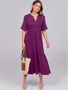 Robe midi bohème pour femmes, décontractée, col en V, manches à volants, légère, couleur unie, robe d'été pour tous les jours - Product Image 3