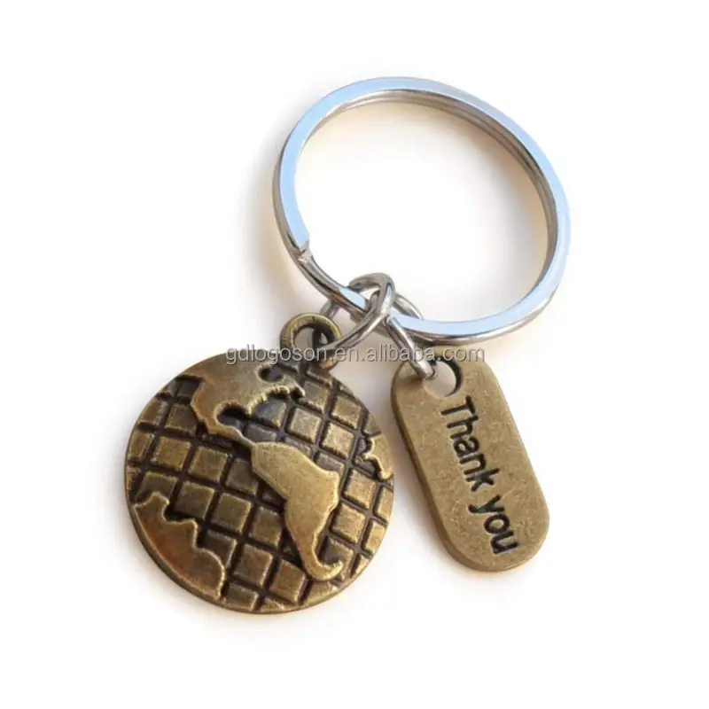 Customize Bronze / Silver World Globe Earth Keychains Bulk Thank You Keyring Keychain