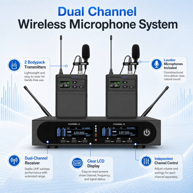 EX602-T Dual Channel Wireless Lavalier System, UHF True Diversity Wireless Lavalier Mic for Stage Performance Show, Speaking
