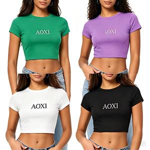 T-shirt da donna 2026 stampata a rilievo, tinta unita, sexy, aderente, sottile, neutra, all'ingrosso, crop top, ricamo, logo personalizzato, baby tee per donna - Product Image 3