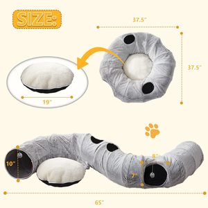 Cama Túnel para Gatos de Felpa Gris, Refugio Redondo Interactivo para Gatos con Almohada Extraíble, Túnel de Juego Plegable para Gatos de Combinación Libre - Product Image 1