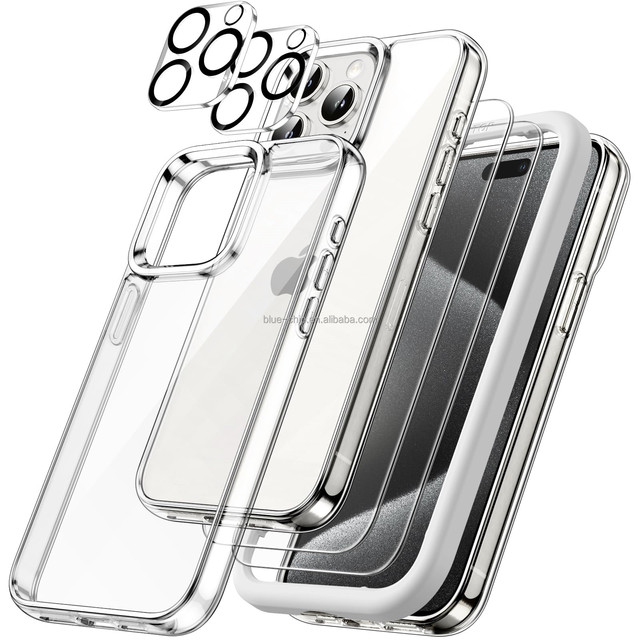 6 in 1 Combo Clear Tpu PC Hard Bumper Cover 9H Tempered Glass Camera Lens Screen Protector for Iphone 14 15 Pro Max Phone Case