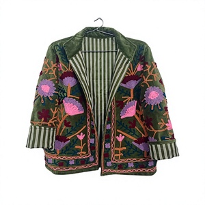 Blouson bomber brodé floral vert pour femme, col montant, coupe classique, doublure en coton - Product Image 3